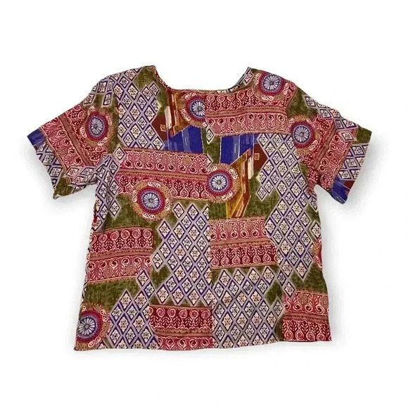 90's Black Island 2 PC Blouse Skirt Set Petite M Retro Pattern Elastic VTG - Picture 2 of 15